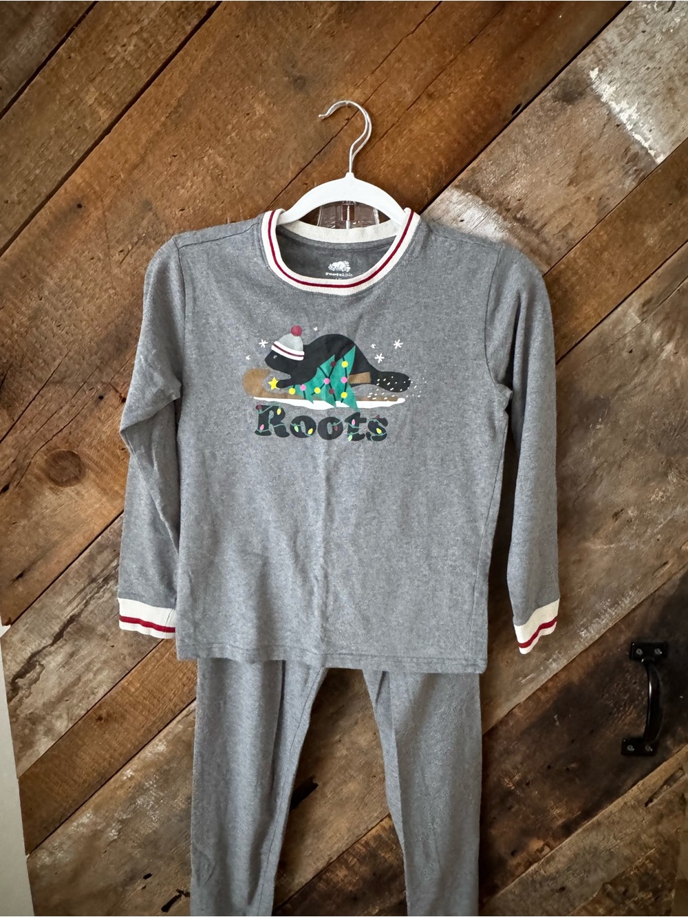 Roots Kids Gray Pajama Set with Festive Bear and Red Trim